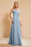 V Neckline Chiffon Bridesmaid Dress Long Pleated A Line Formal Evening Dresses Gowns