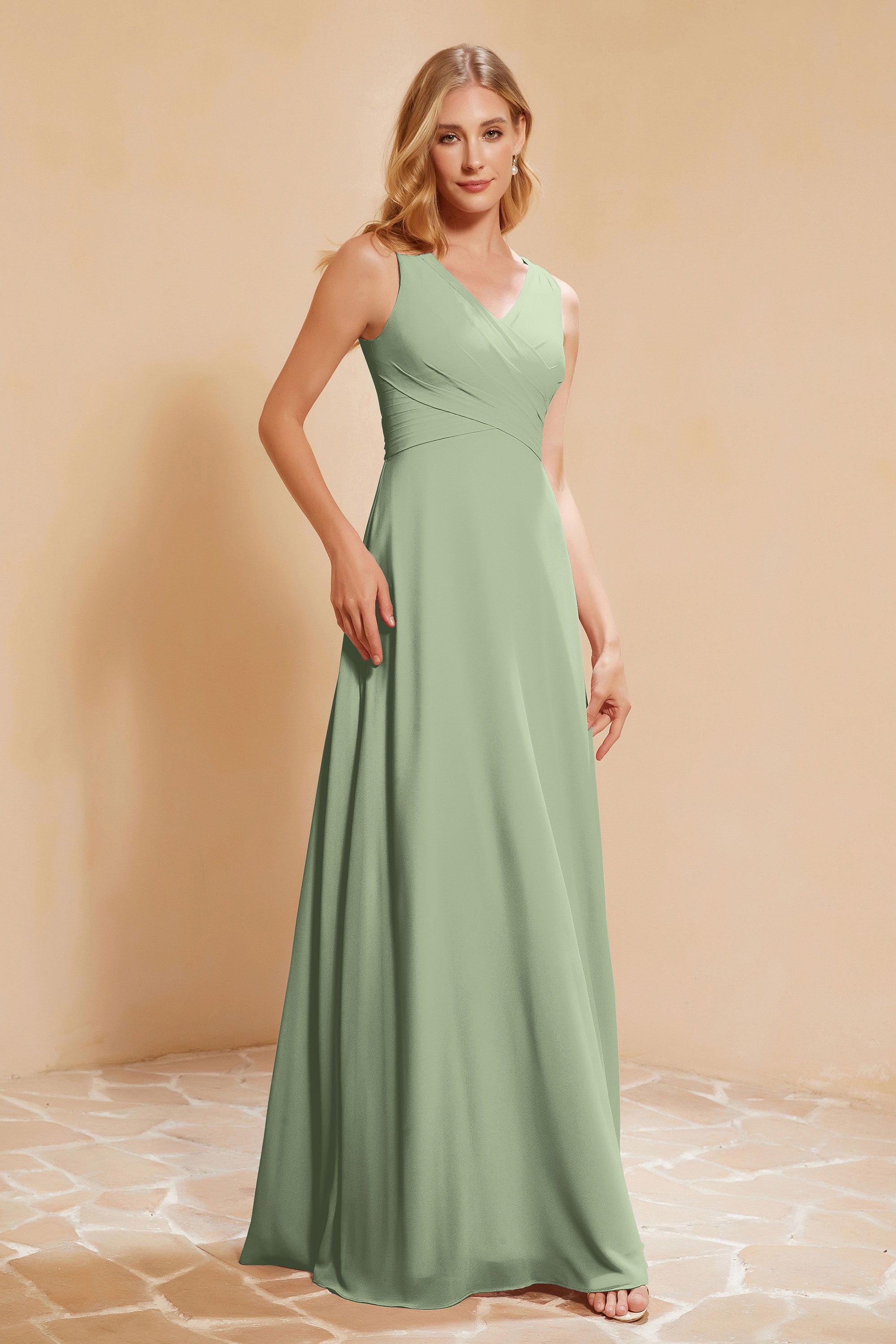 V Neckline Chiffon Bridesmaid Dress Long Pleated A Line Formal Evening Dresses Gowns