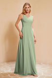 V Neckline Chiffon Bridesmaid Dress Long Pleated A Line Formal Evening Dresses Gowns