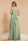 V Neckline Chiffon Bridesmaid Dress Long Pleated A Line Formal Evening Dresses Gowns