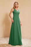 V Neckline Chiffon Bridesmaid Dress Long Pleated A Line Formal Evening Dresses Gowns