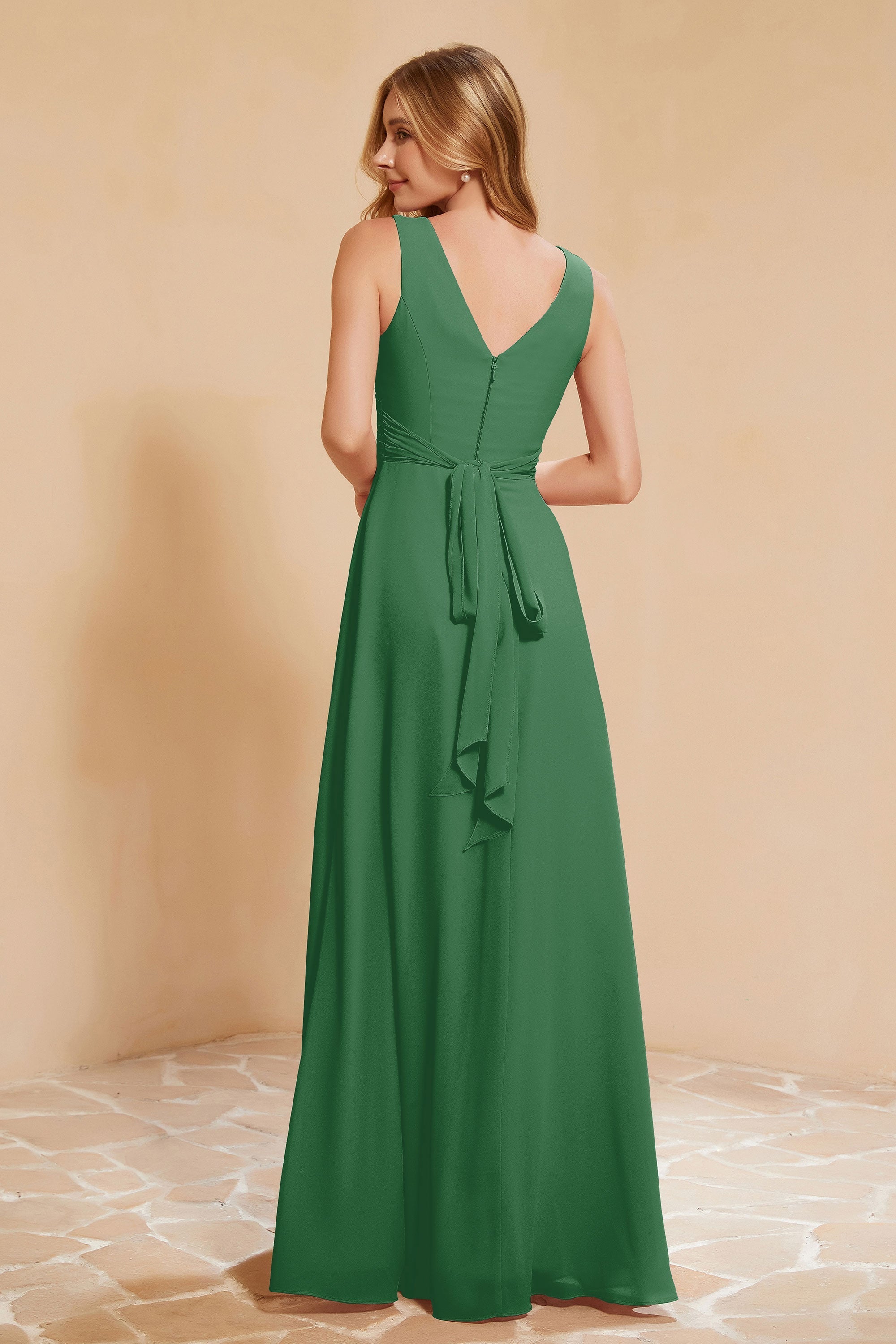 V Neckline Chiffon Bridesmaid Dress Long Pleated A Line Formal Evening Dresses Gowns