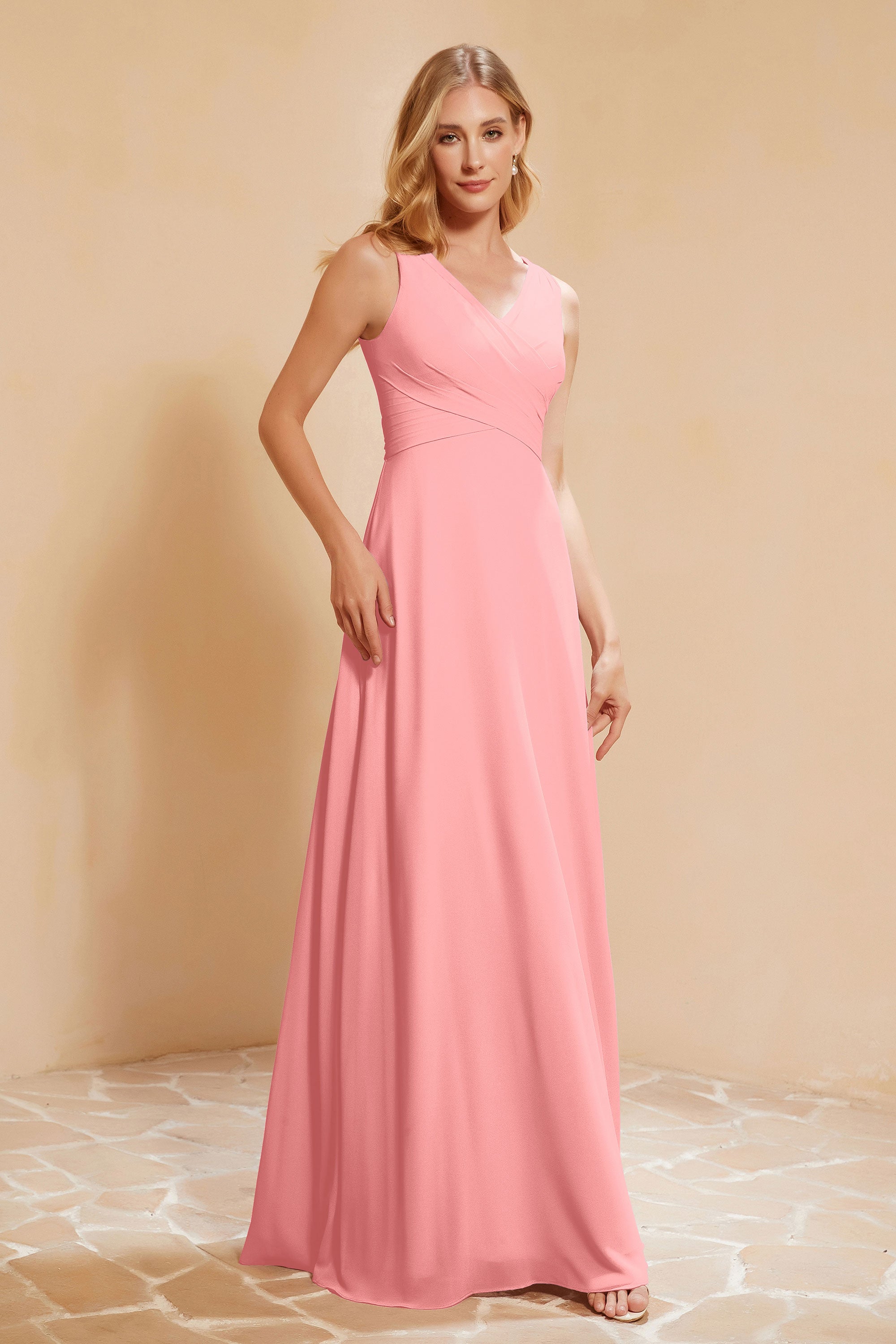V Neckline Chiffon Bridesmaid Dress Long Pleated A Line Formal Evening Dresses Gowns
