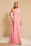 V Neckline Chiffon Bridesmaid Dress Long Pleated A Line Formal Evening Dresses Gowns