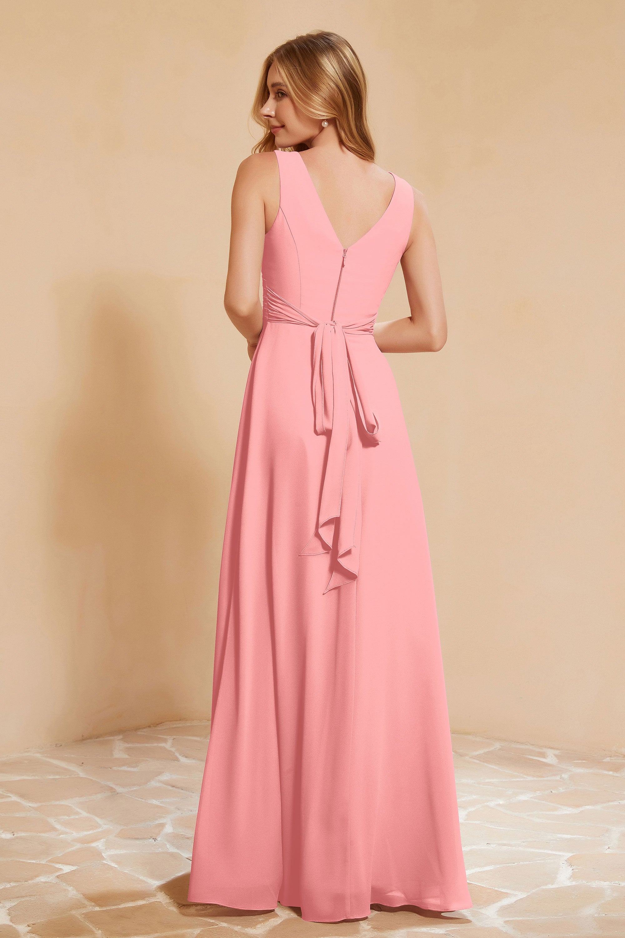 V Neckline Chiffon Bridesmaid Dress Long Pleated A Line Formal Evening Dresses Gowns