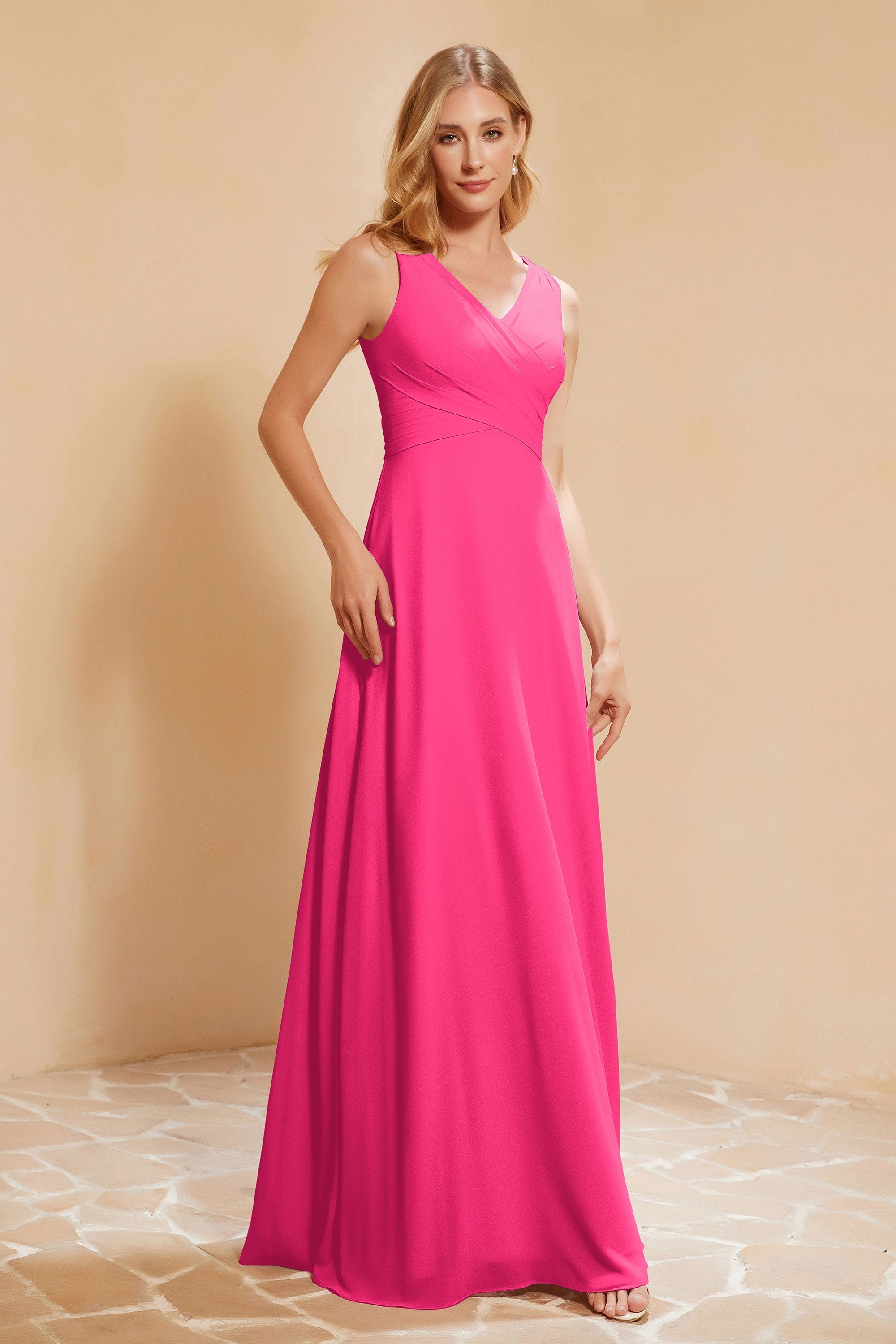 V Neckline Chiffon Bridesmaid Dress Long Pleated A Line Formal Evening Dresses Gowns