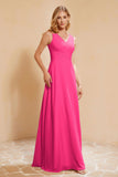 V Neckline Chiffon Bridesmaid Dress Long Pleated A Line Formal Evening Dresses Gowns