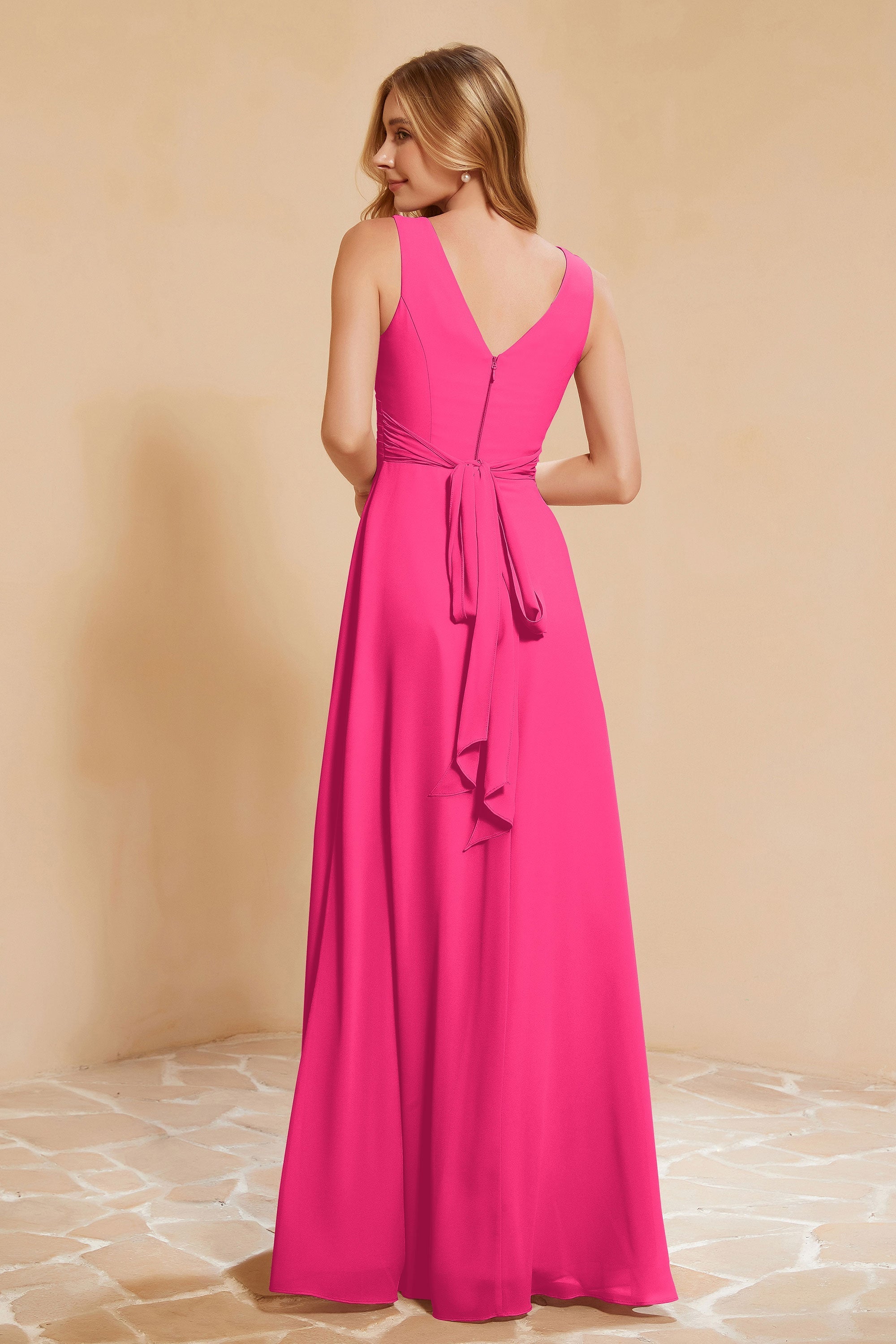 V Neckline Chiffon Bridesmaid Dress Long Pleated A Line Formal Evening Dresses Gowns