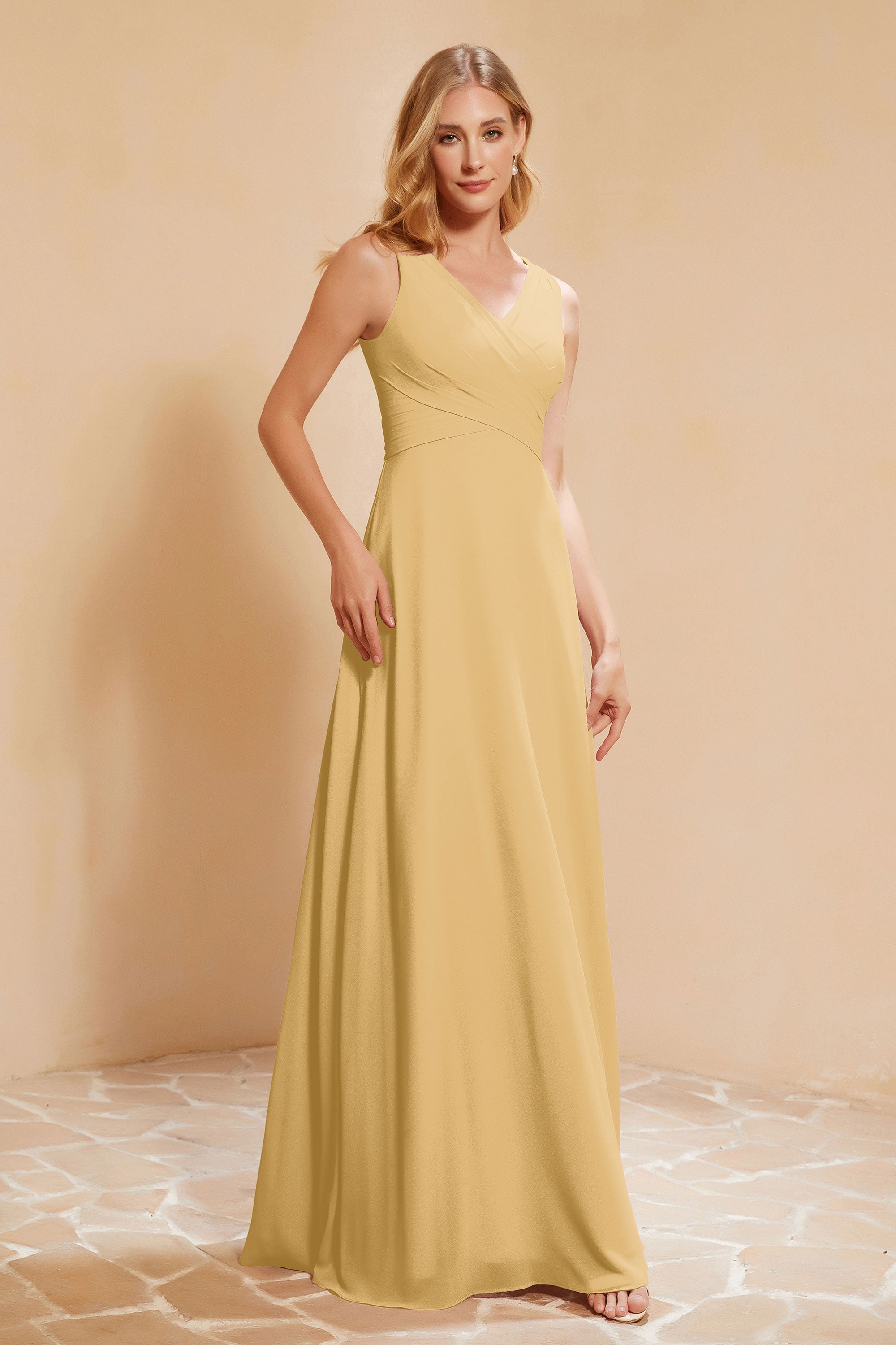 V Neckline Chiffon Bridesmaid Dress Long Pleated A Line Formal Evening Dresses Gowns