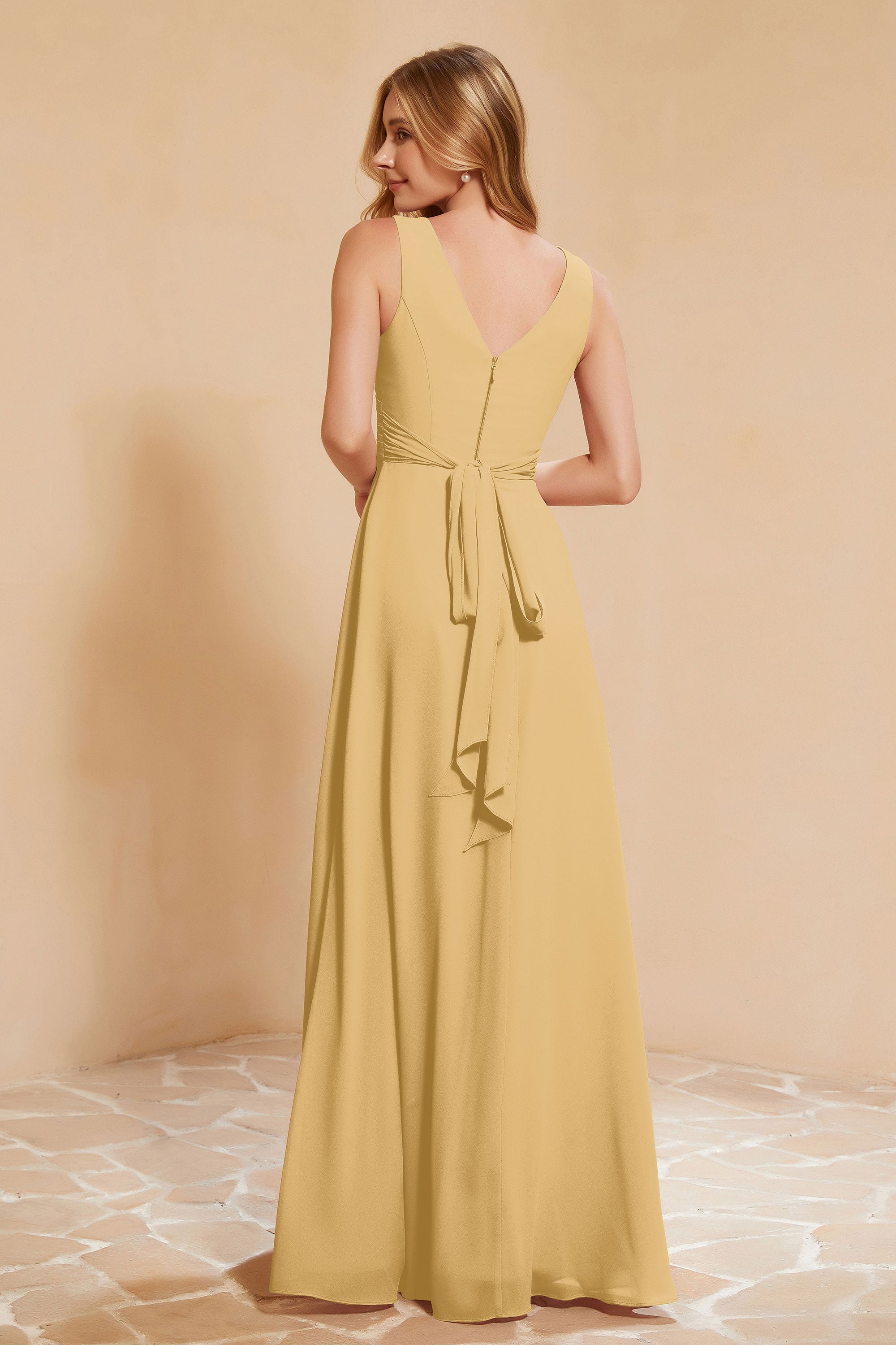 V Neckline Chiffon Bridesmaid Dress Long Pleated A Line Formal Evening Dresses Gowns