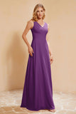 V Neckline Chiffon Bridesmaid Dress Long Pleated A Line Formal Evening Dresses Gowns