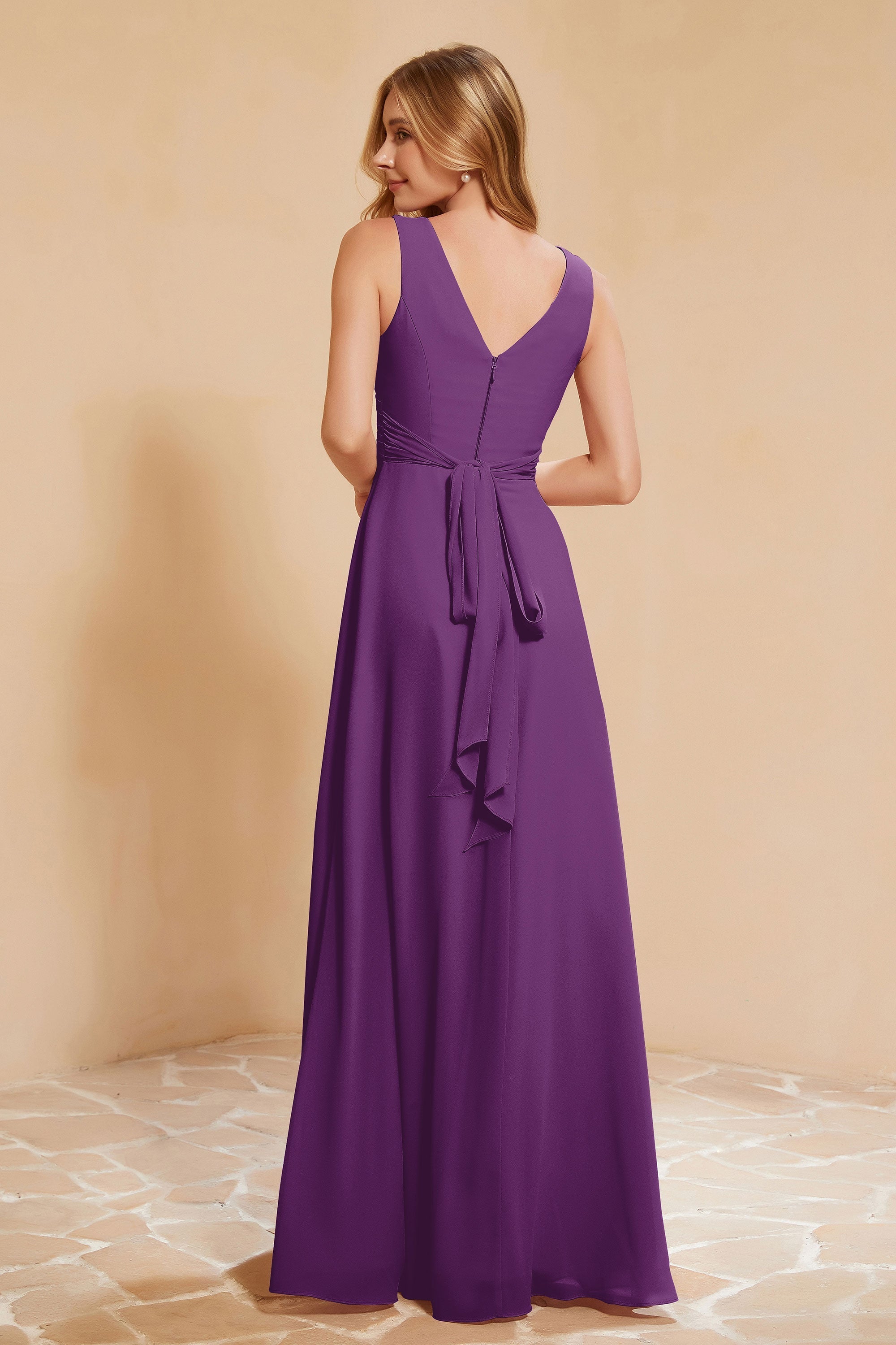 V Neckline Chiffon Bridesmaid Dress Long Pleated A Line Formal Evening Dresses Gowns