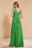 V Neckline Chiffon Bridesmaid Dress Long Pleated A Line Formal Evening Dresses Gowns