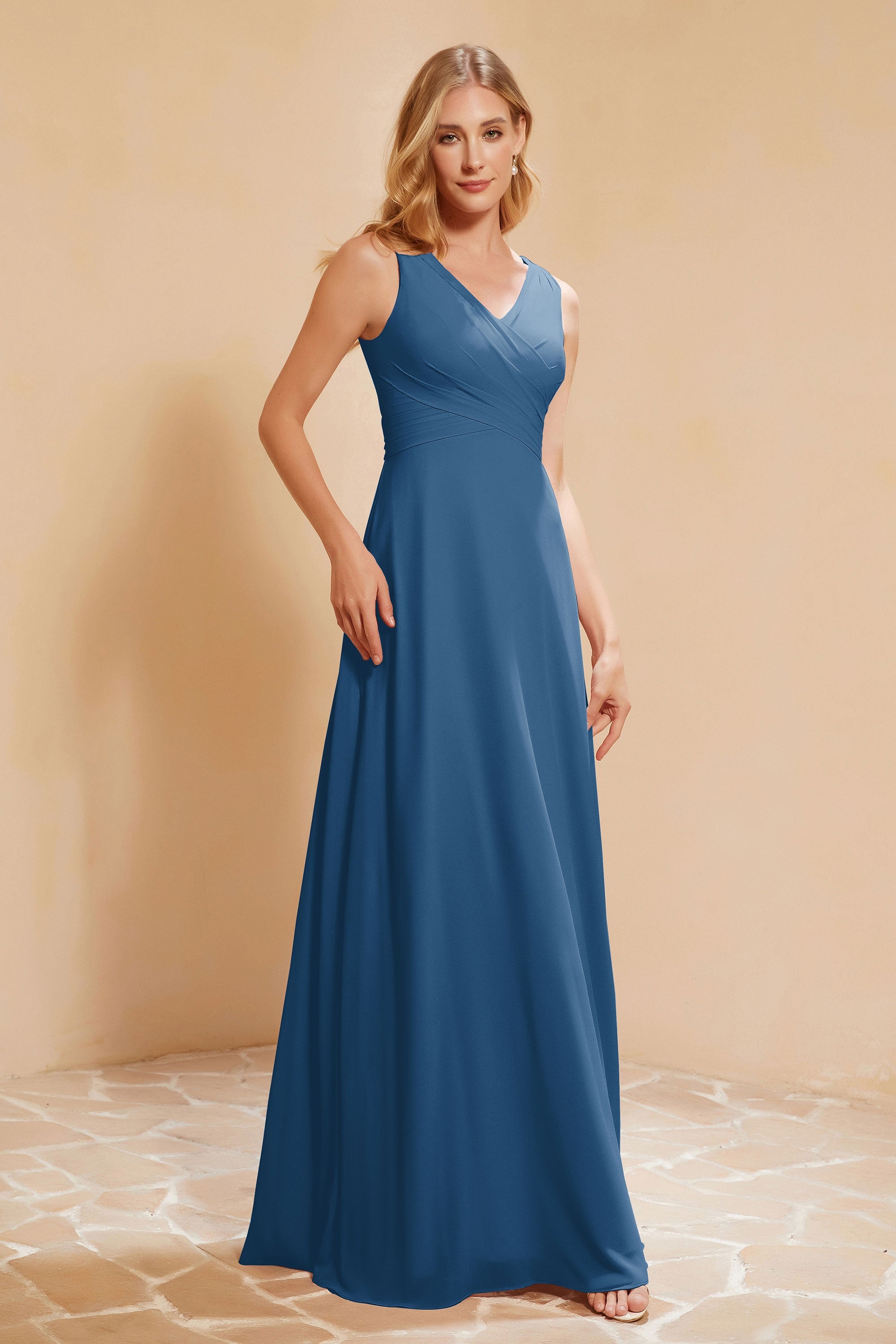 V Neckline Chiffon Bridesmaid Dress Long Pleated A Line Formal Evening Dresses Gowns