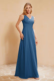 V Neckline Chiffon Bridesmaid Dress Long Pleated A Line Formal Evening Dresses Gowns