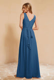 V Neckline Chiffon Bridesmaid Dress Long Pleated A Line Formal Evening Dresses Gowns