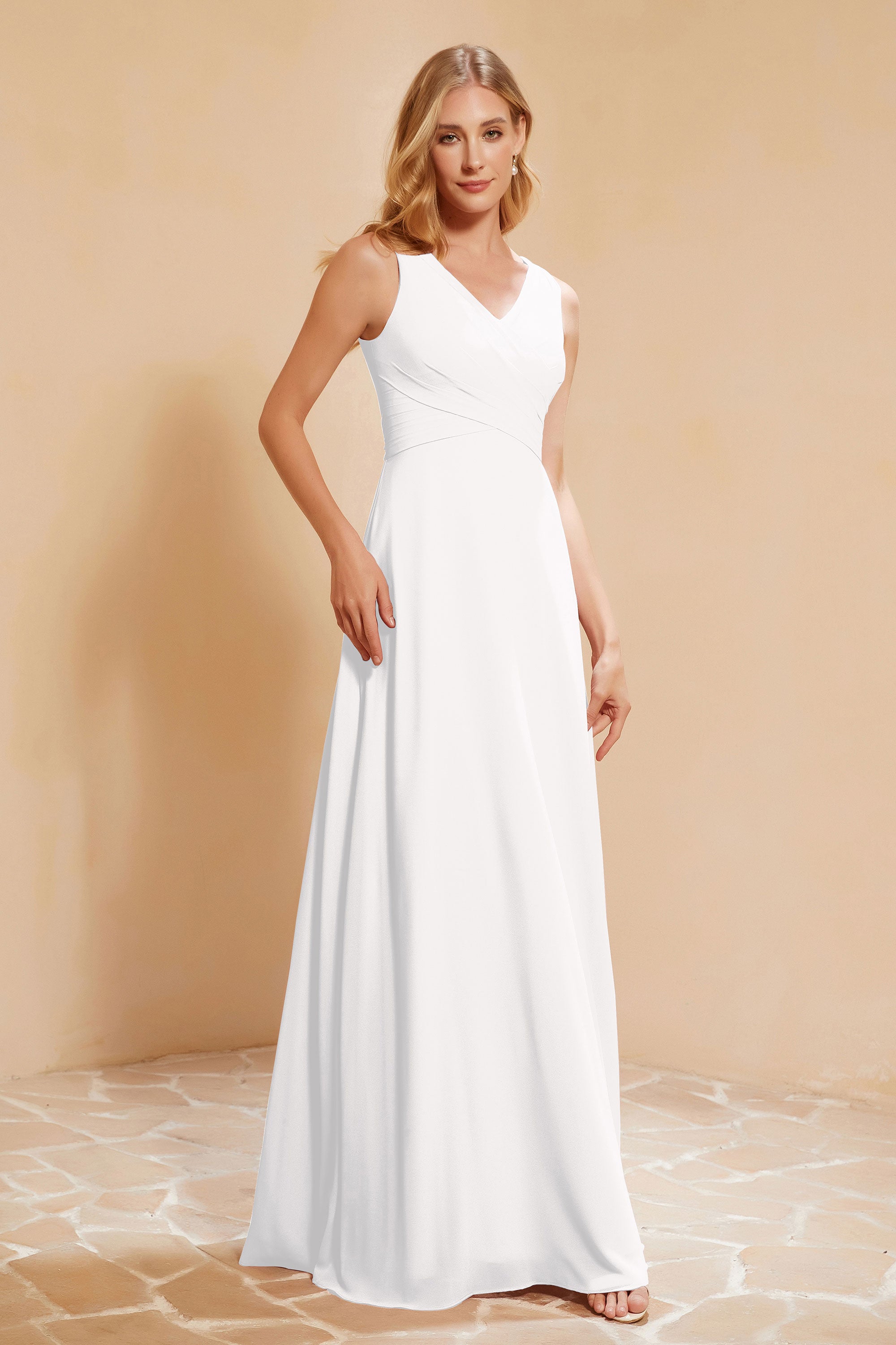 V Neckline Chiffon Bridesmaid Dress Long Pleated A Line Formal Evening Dresses Gowns