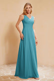V Neckline Chiffon Bridesmaid Dress Long Pleated A Line Formal Evening Dresses Gowns