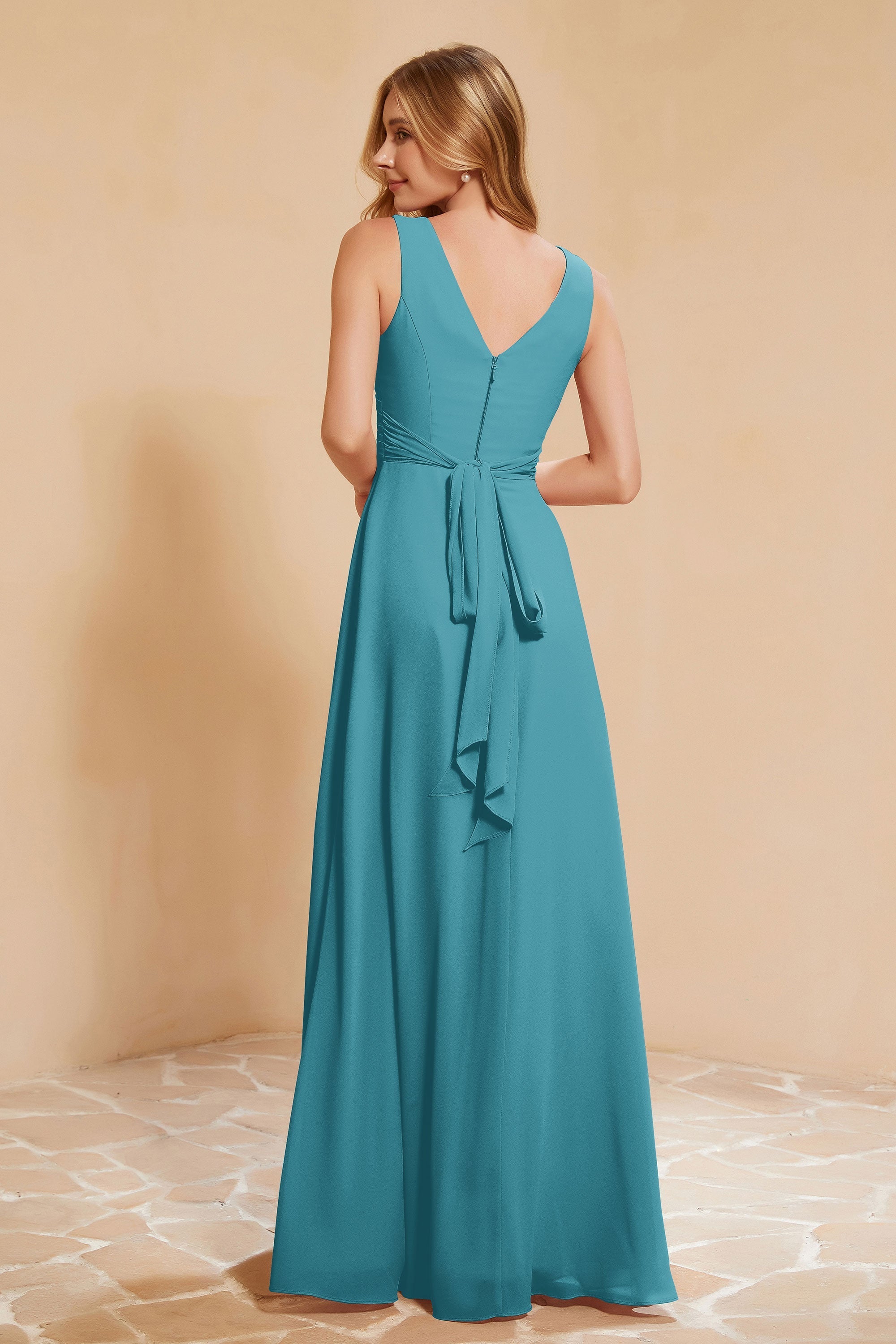V Neckline Chiffon Bridesmaid Dress Long Pleated A Line Formal Evening Dresses Gowns