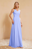V Neckline Chiffon Bridesmaid Dress Long Pleated A Line Formal Evening Dresses Gowns