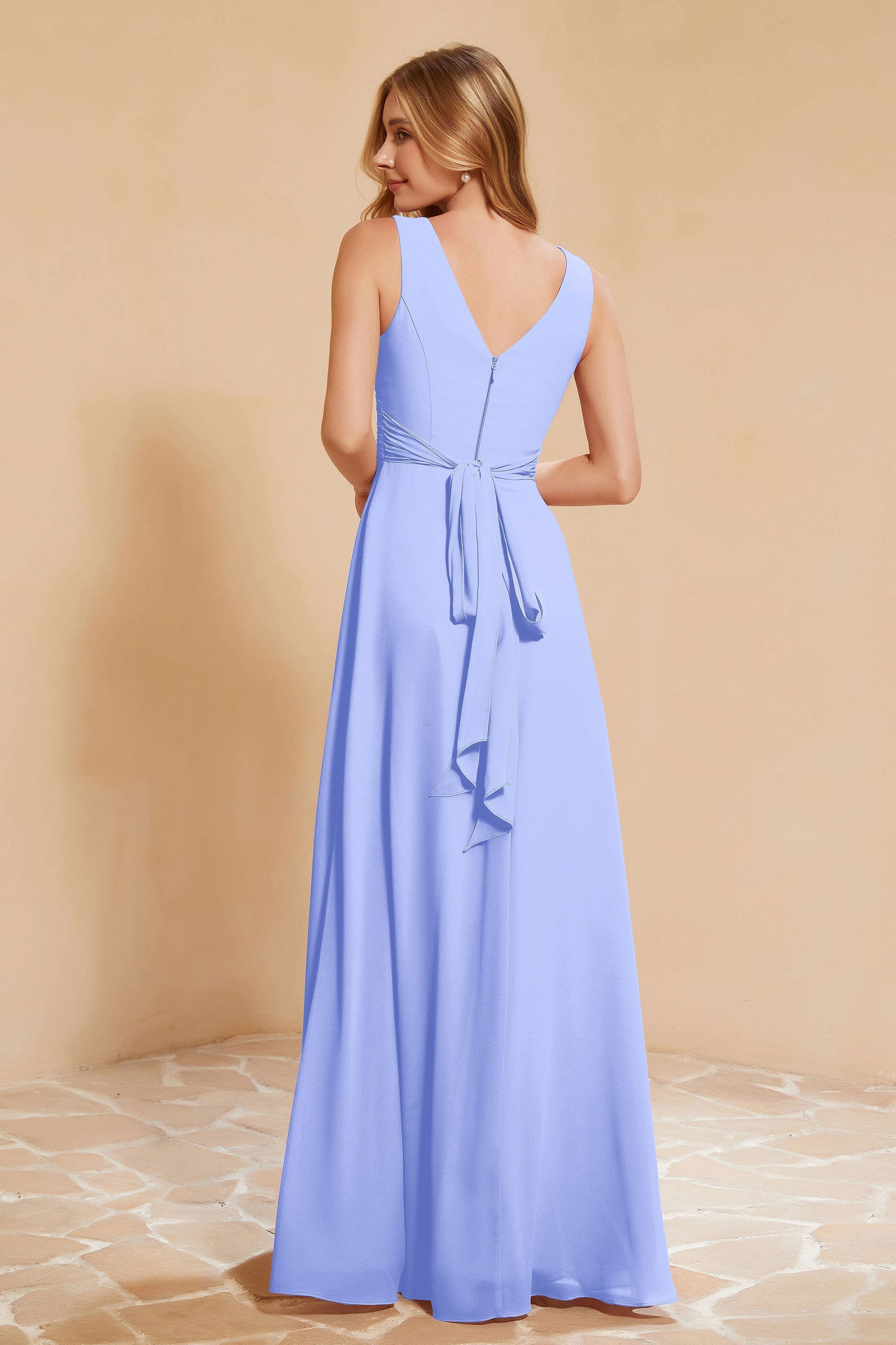 V Neckline Chiffon Bridesmaid Dress Long Pleated A Line Formal Evening Dresses Gowns