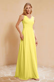 V Neckline Chiffon Bridesmaid Dress Long Pleated A Line Formal Evening Dresses Gowns