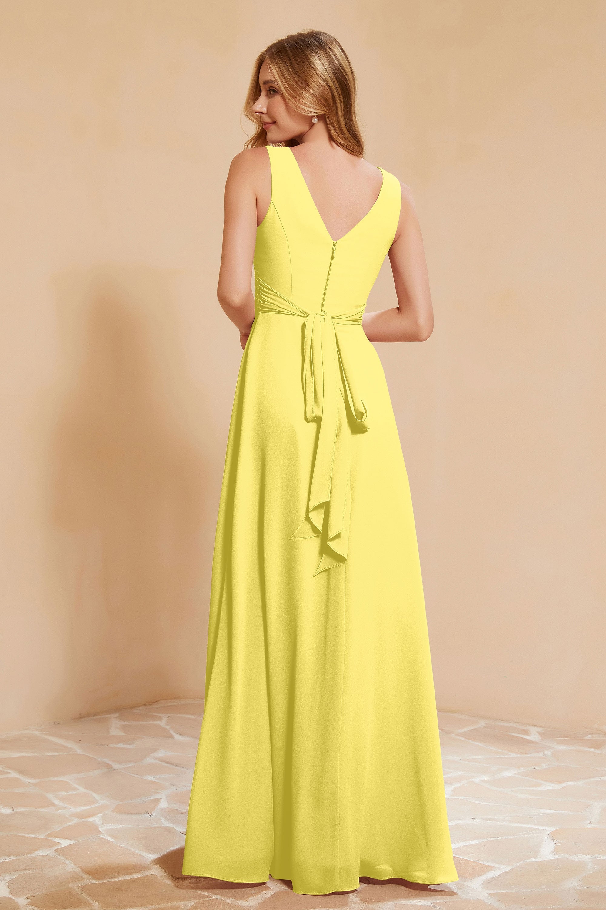 V Neckline Chiffon Bridesmaid Dress Long Pleated A Line Formal Evening Dresses Gowns