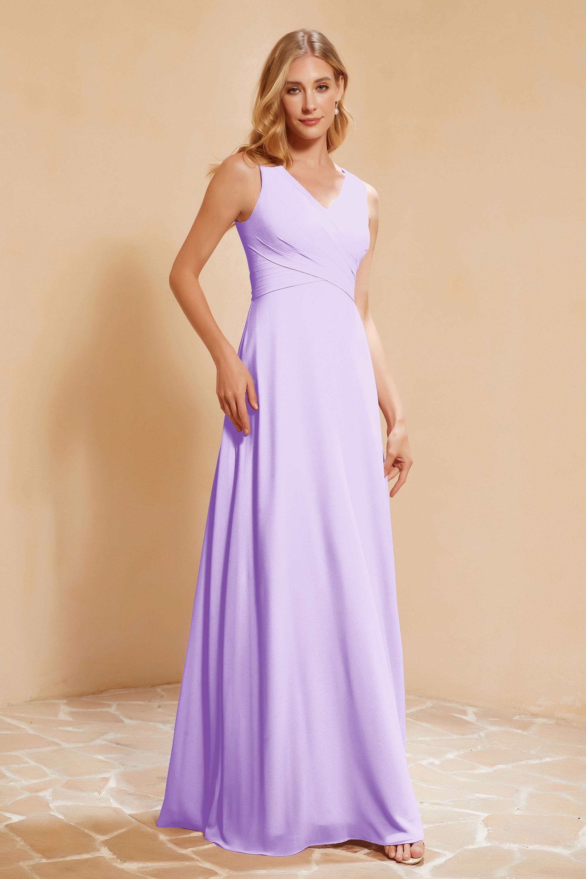 V Neckline Chiffon Bridesmaid Dress Long Pleated A Line Formal Evening Dresses Gowns
