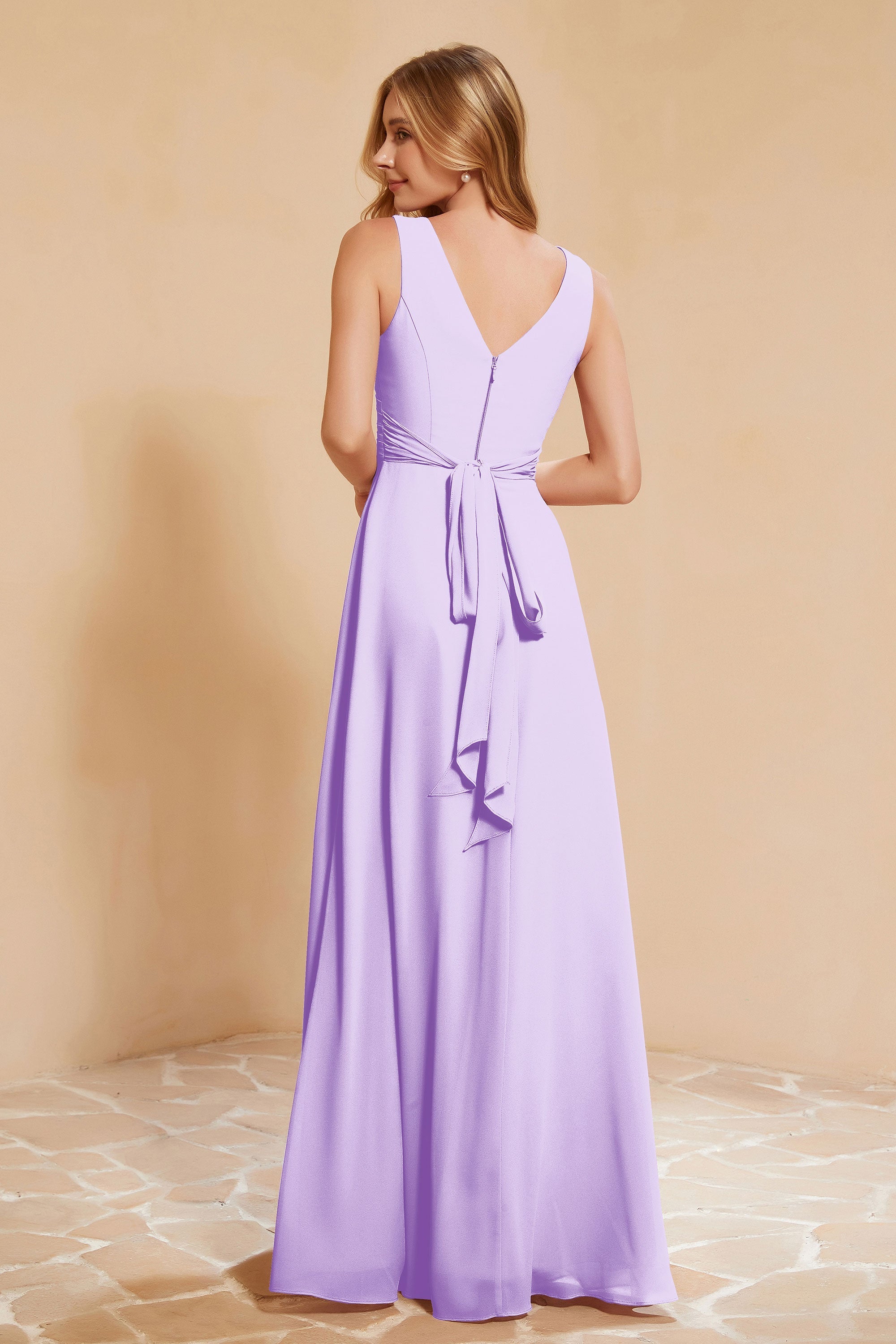 V Neckline Chiffon Bridesmaid Dress Long Pleated A Line Formal Evening Dresses Gowns