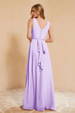 V Neckline Chiffon Bridesmaid Dress Long Pleated A Line Formal Evening Dresses Gowns