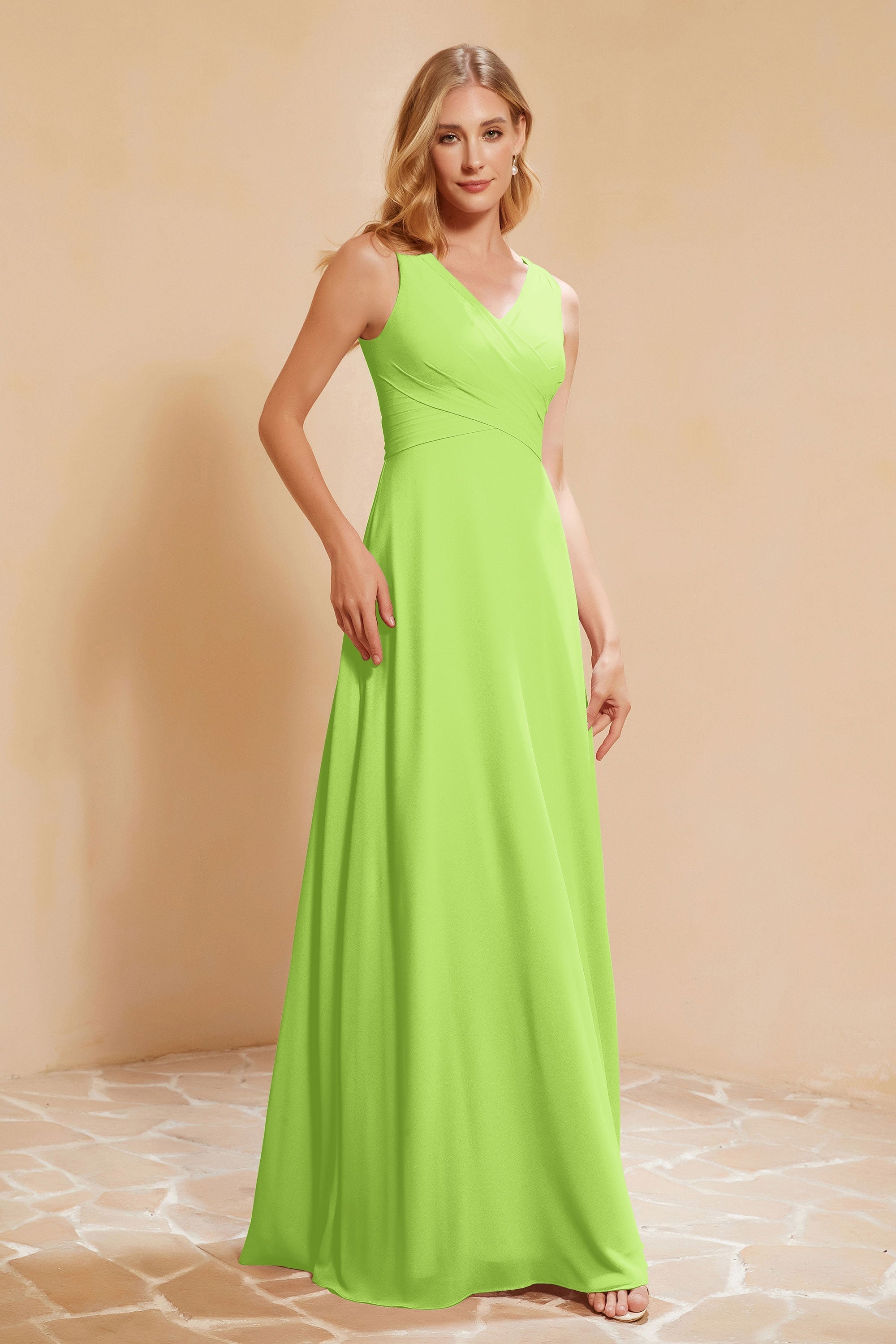 V Neckline Chiffon Bridesmaid Dress Long Pleated A Line Formal Evening Dresses Gowns