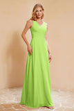 V Neckline Chiffon Bridesmaid Dress Long Pleated A Line Formal Evening Dresses Gowns