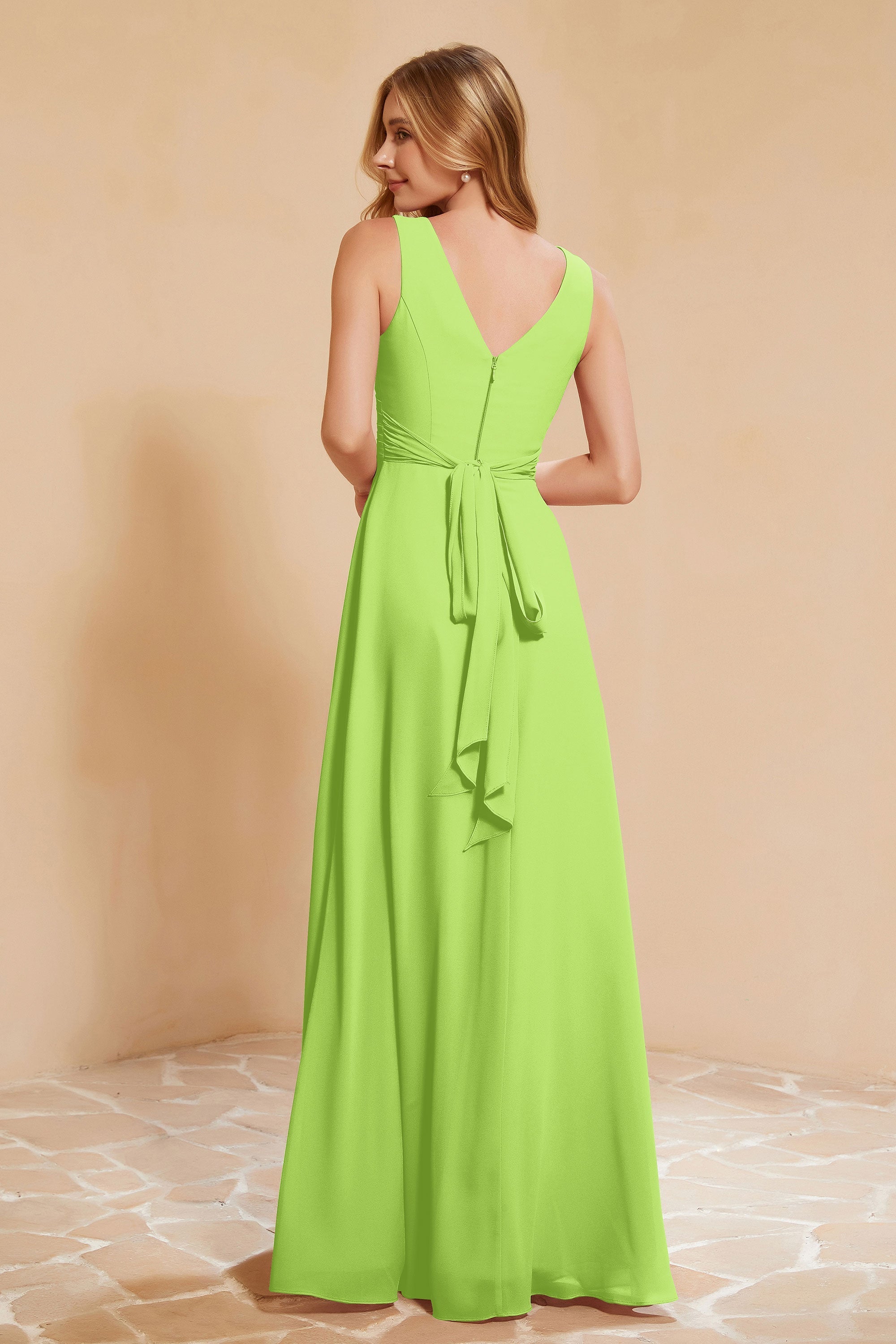 V Neckline Chiffon Bridesmaid Dress Long Pleated A Line Formal Evening Dresses Gowns