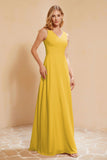 V Neckline Chiffon Bridesmaid Dress Long Pleated A Line Formal Evening Dresses Gowns