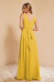 V Neckline Chiffon Bridesmaid Dress Long Pleated A Line Formal Evening Dresses Gowns