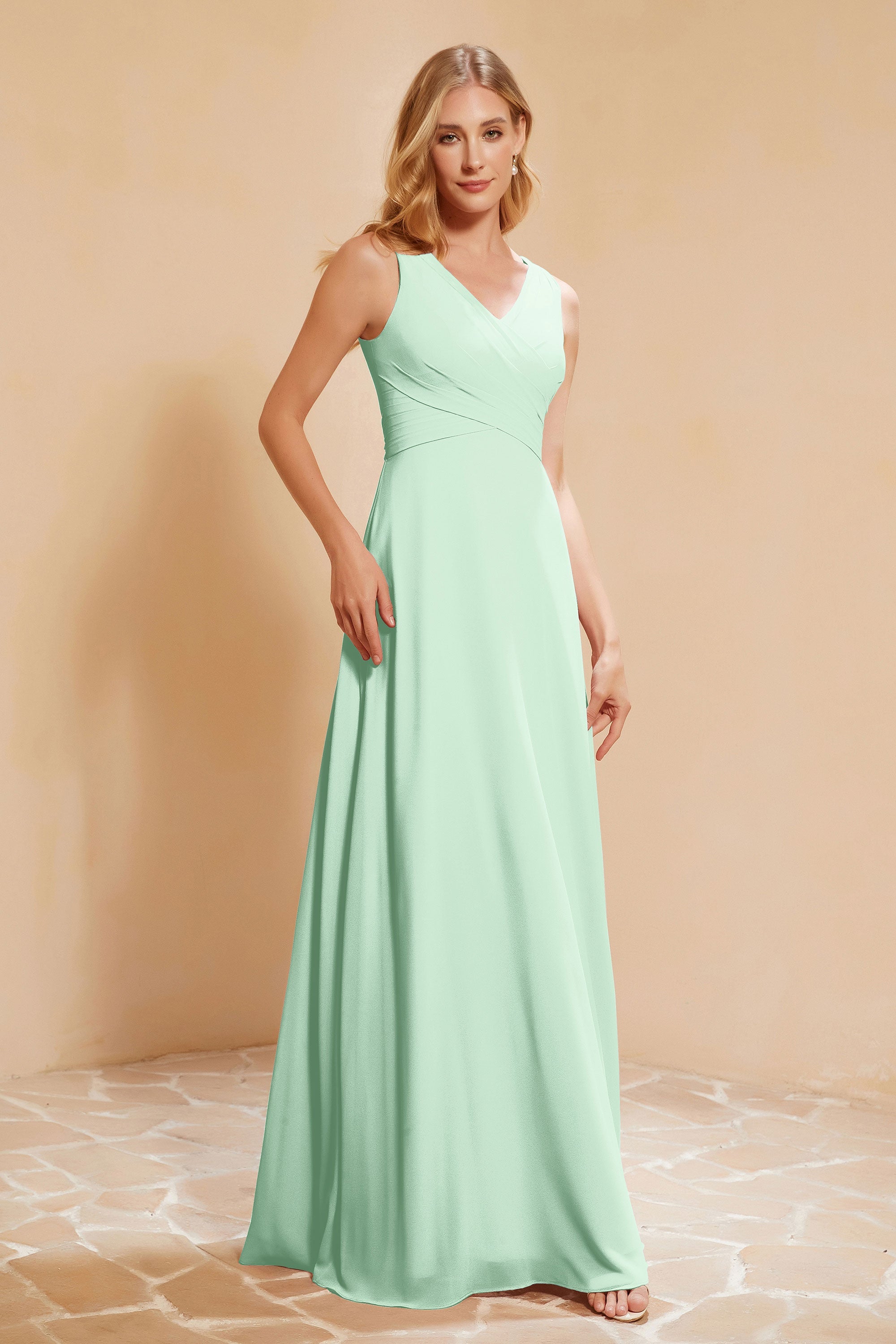 V Neckline Chiffon Bridesmaid Dress Long Pleated A Line Formal Evening Dresses Gowns