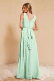 V Neckline Chiffon Bridesmaid Dress Long Pleated A Line Formal Evening Dresses Gowns