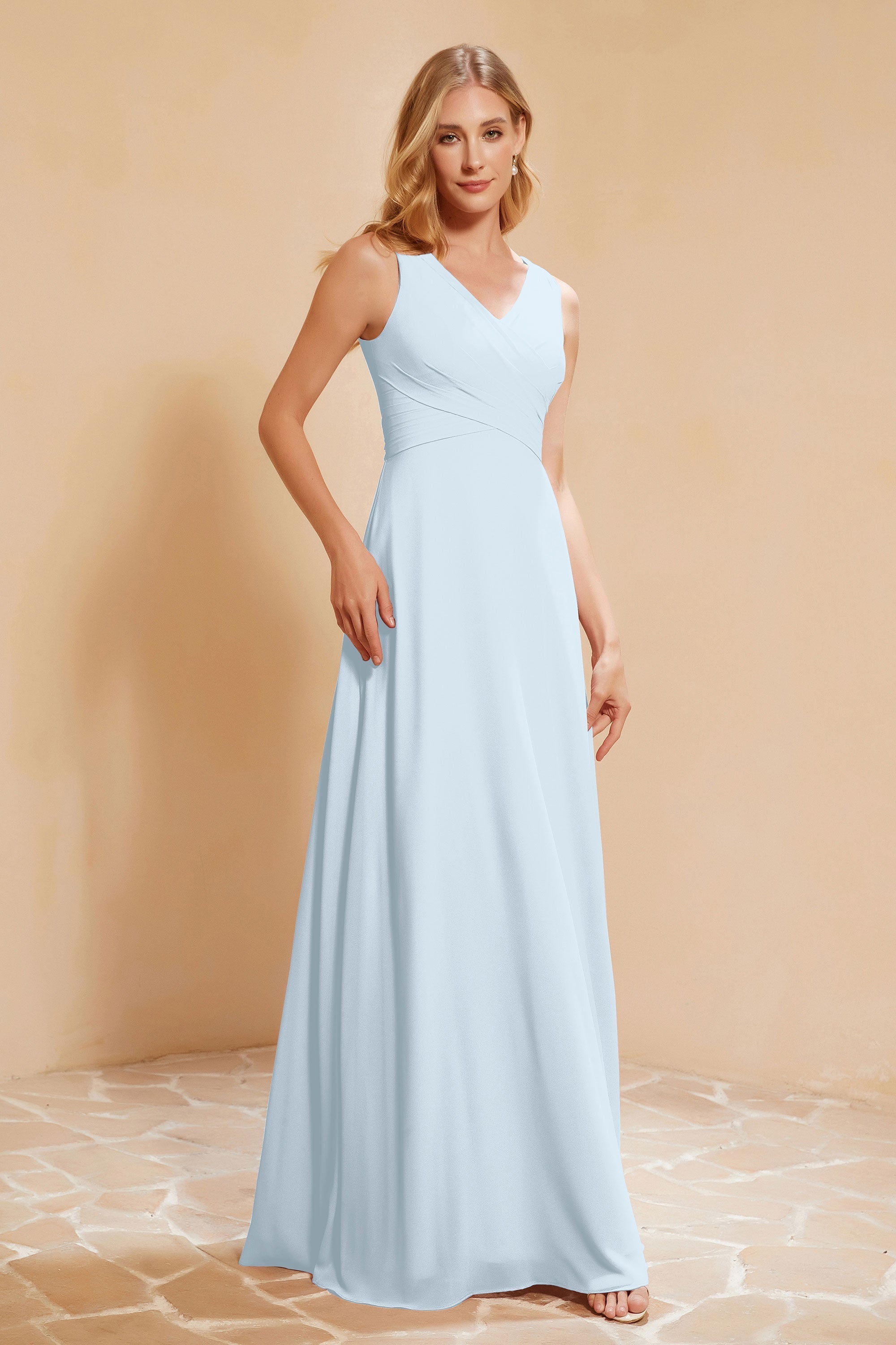 V Neckline Chiffon Bridesmaid Dress Long Pleated A Line Formal Evening Dresses Gowns
