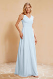 V Neckline Chiffon Bridesmaid Dress Long Pleated A Line Formal Evening Dresses Gowns