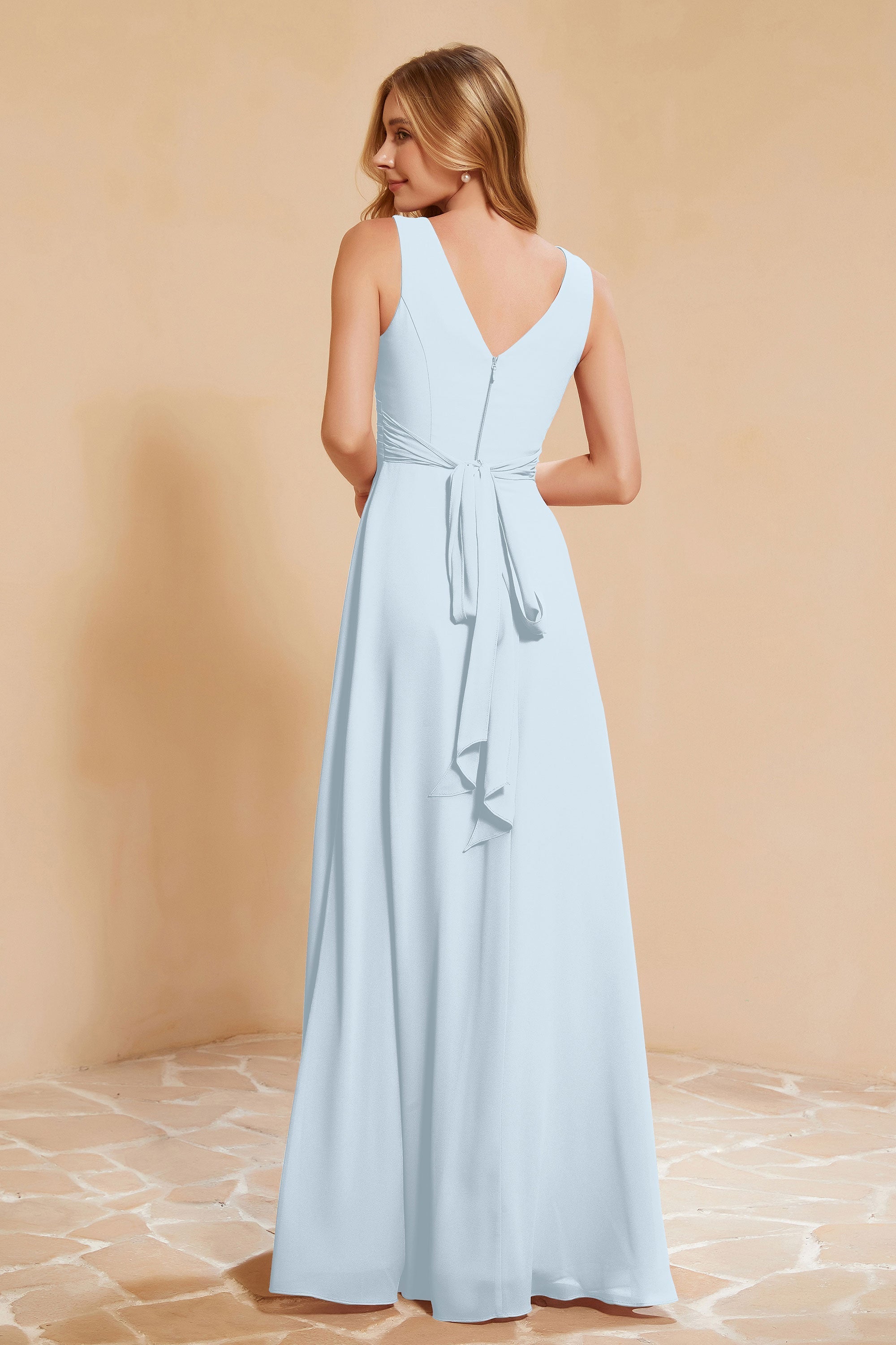 V Neckline Chiffon Bridesmaid Dress Long Pleated A Line Formal Evening Dresses Gowns