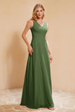 V Neckline Chiffon Bridesmaid Dress Long Pleated A Line Formal Evening Dresses Gowns