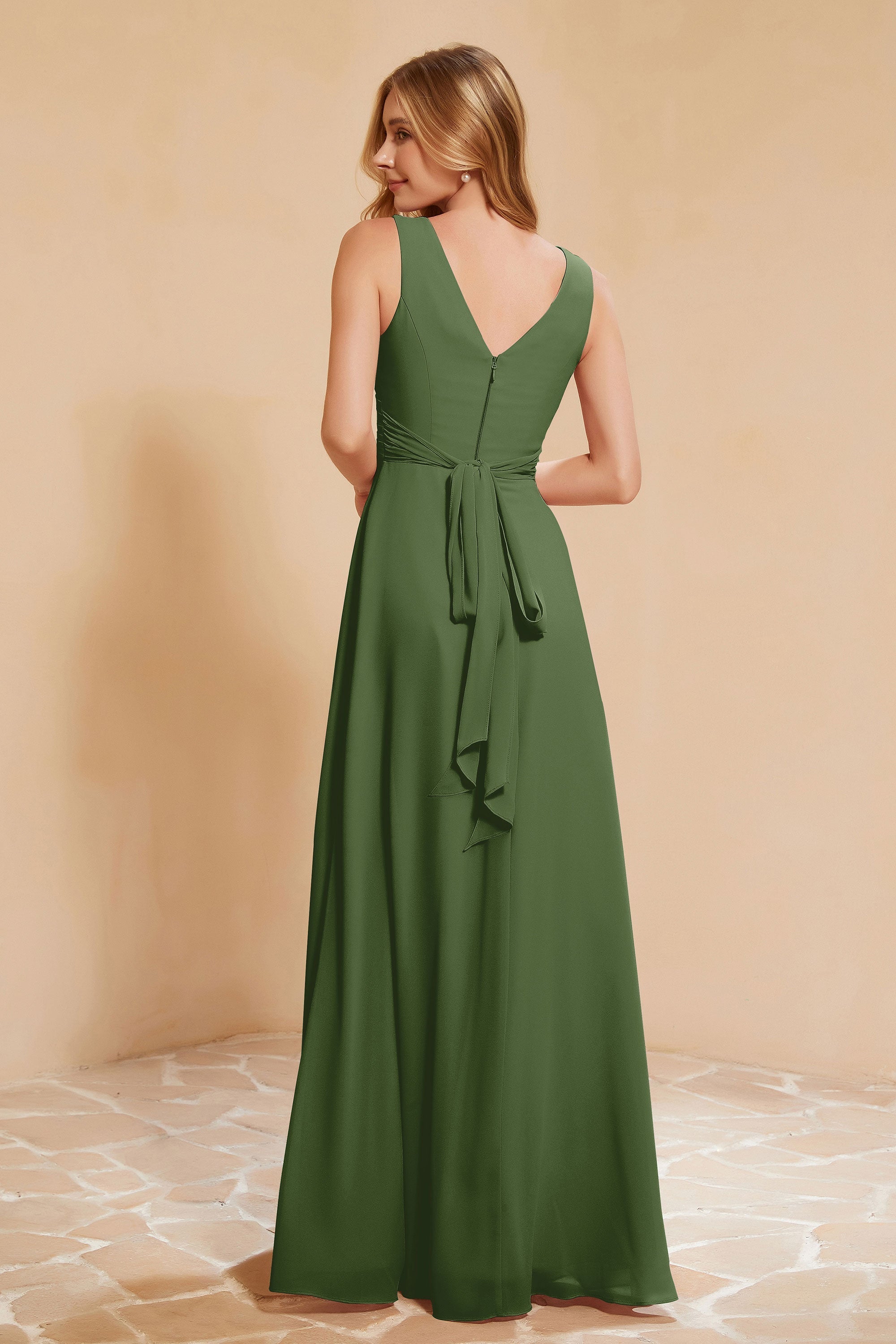 V Neckline Chiffon Bridesmaid Dress Long Pleated A Line Formal Evening Dresses Gowns