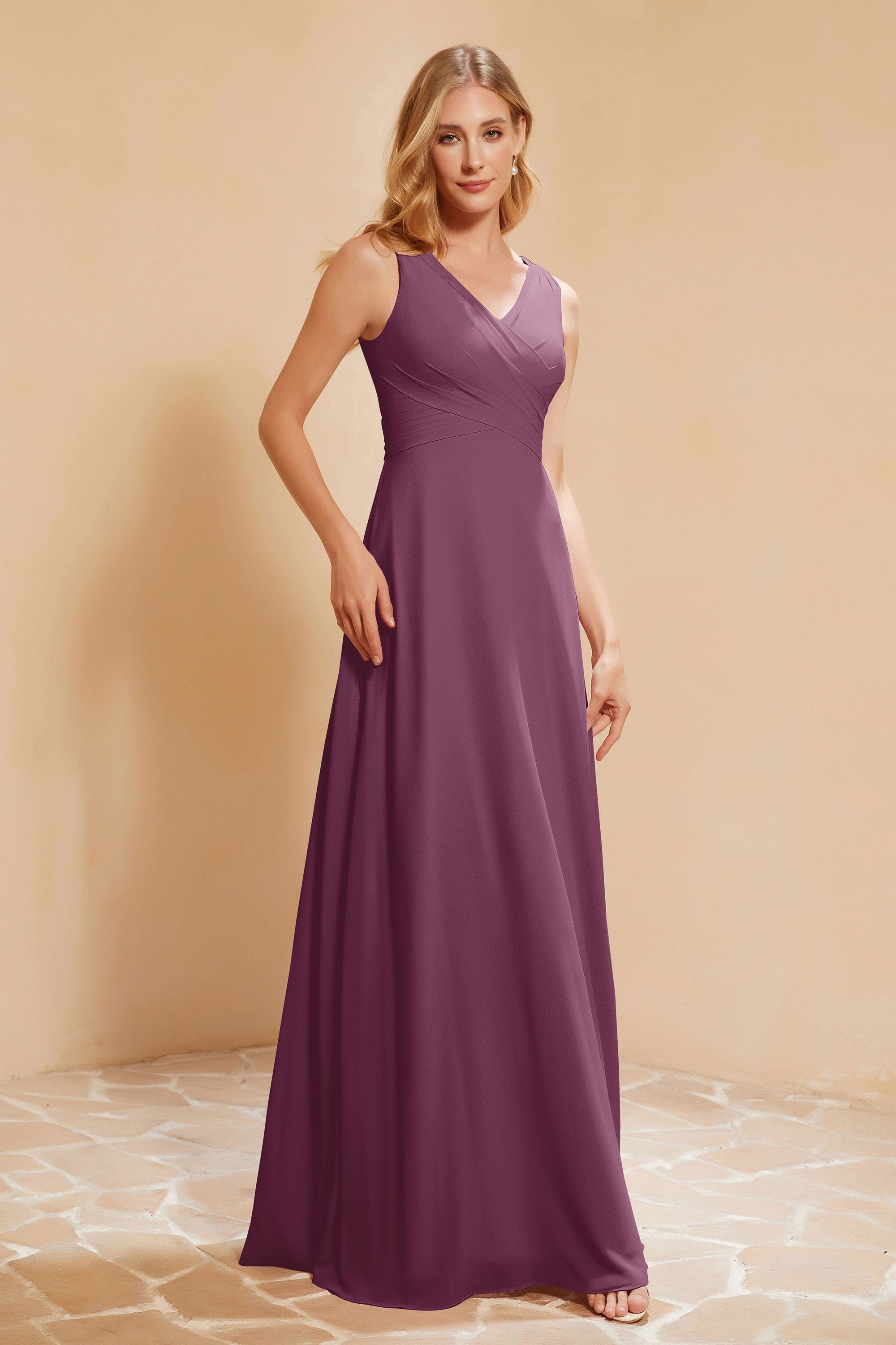 V Neckline Chiffon Bridesmaid Dress Long Pleated A Line Formal Evening Dresses Gowns