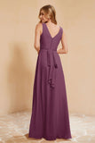 V Neckline Chiffon Bridesmaid Dress Long Pleated A Line Formal Evening Dresses Gowns