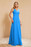V Neckline Chiffon Bridesmaid Dress Long Pleated A Line Formal Evening Dresses Gowns