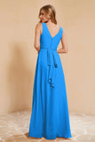 V Neckline Chiffon Bridesmaid Dress Long Pleated A Line Formal Evening Dresses Gowns