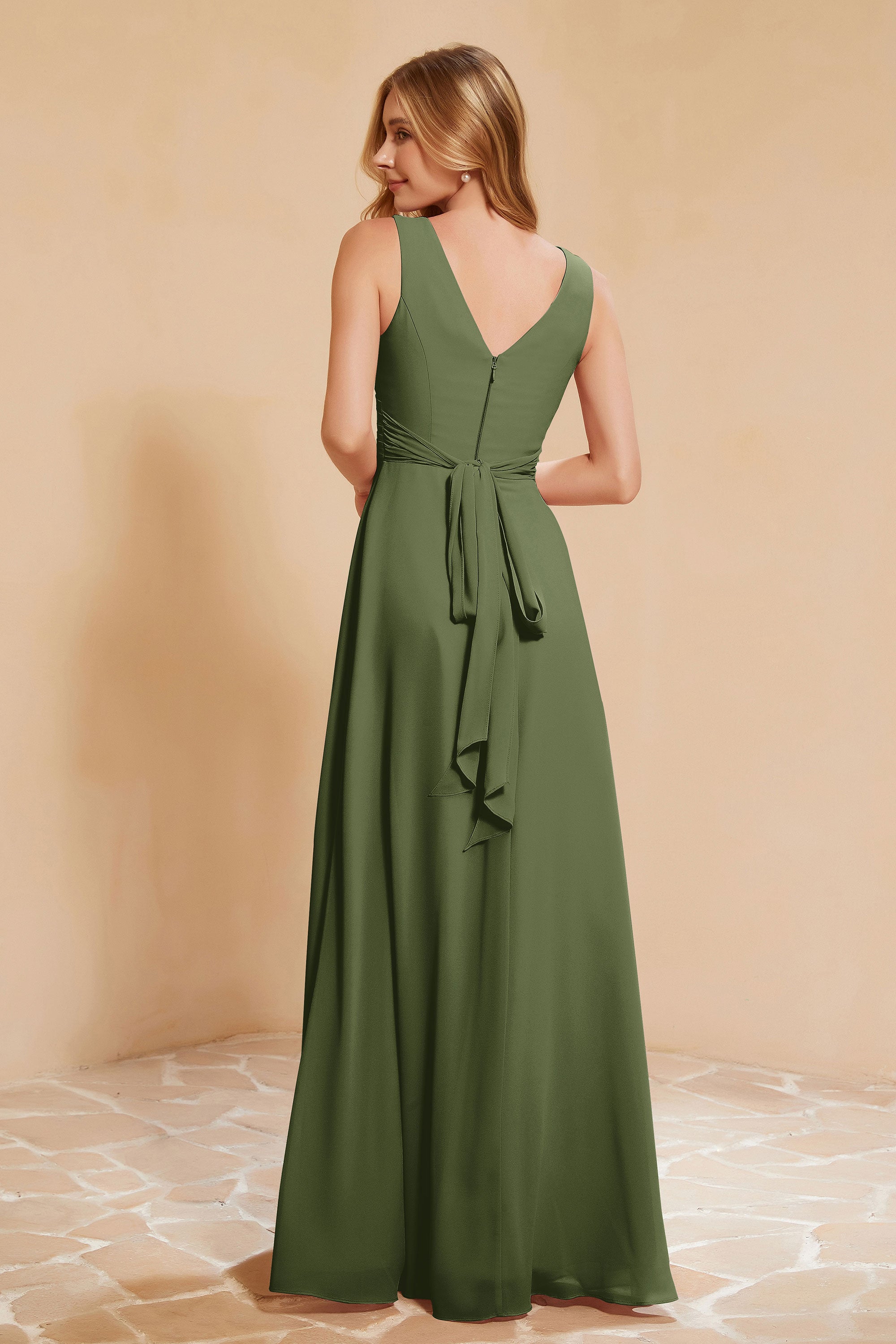 V Neckline Chiffon Bridesmaid Dress Long Pleated A Line Formal Evening Dresses Gowns