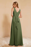 V Neckline Chiffon Bridesmaid Dress Long Pleated A Line Formal Evening Dresses Gowns