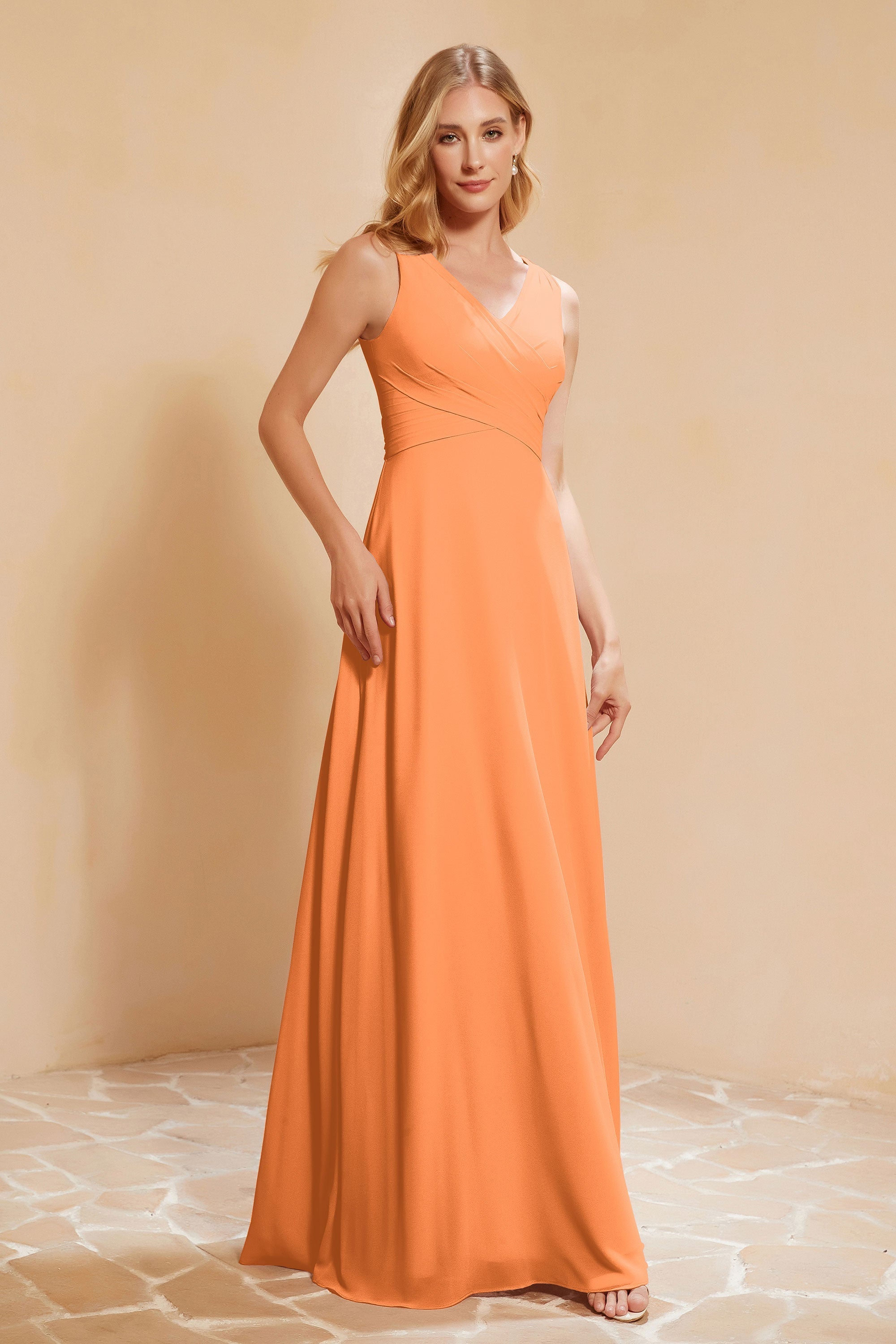 V Neckline Chiffon Bridesmaid Dress Long Pleated A Line Formal Evening Dresses Gowns