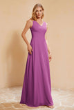 V Neckline Chiffon Bridesmaid Dress Long Pleated A Line Formal Evening Dresses Gowns